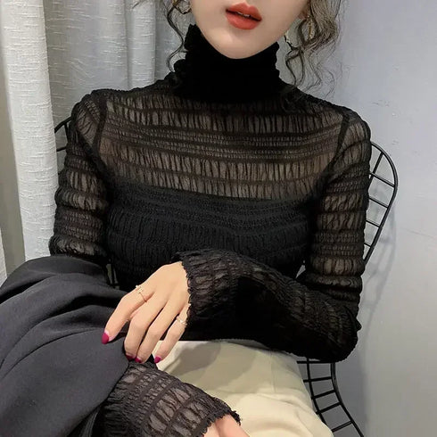 Women's Turtleneck Mesh Top with Long Sleeves