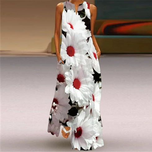 Fresh Floral Print Summer Open Neck Long Dress V-neck Sleeveless Beach Dress with Pockets