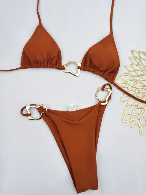Solid Colour Lace-Up Two-Piece Bikini Set