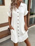 Women's Summer Casual V-Neck Button Up Dress Knee Length Short Sleeve Linen Cotton Loose Fit for Women