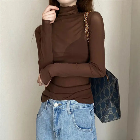 Sheer Long Sleeve Turtleneck Mesh Crop Top