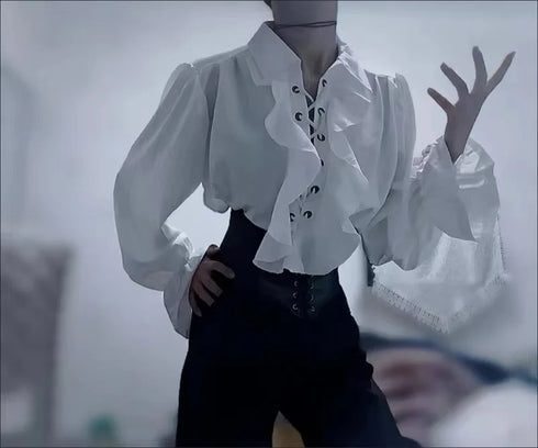 Victorian Gothic Ruffled Lace Up Blouse