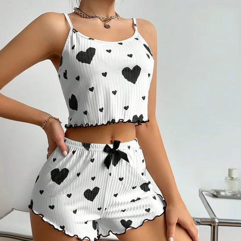 Heart Women Pajamas Set Shorts Sleepwear Love Print Top