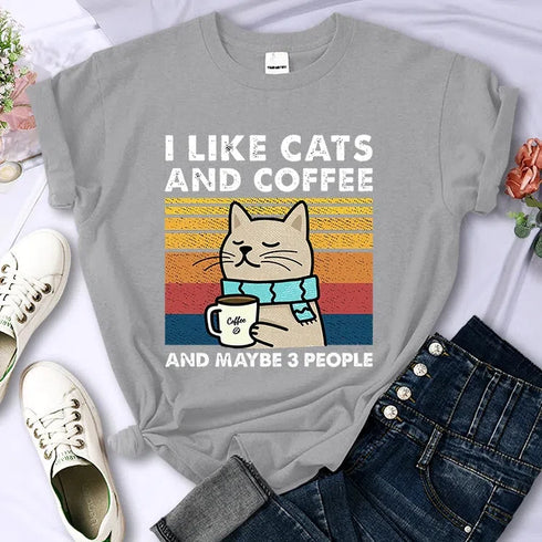 Cute Cat & Coffee Graphic Tee for Women
