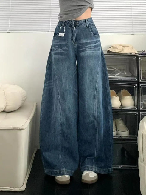 Vintage Curved Hem Wide Leg Jeans for Women