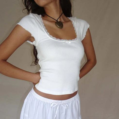 Y2K Vintage Baby Tee with Lace Trim - Summer Crop Top