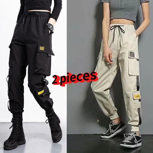 Women's Black Cargo Joggers with Ankle Ties
