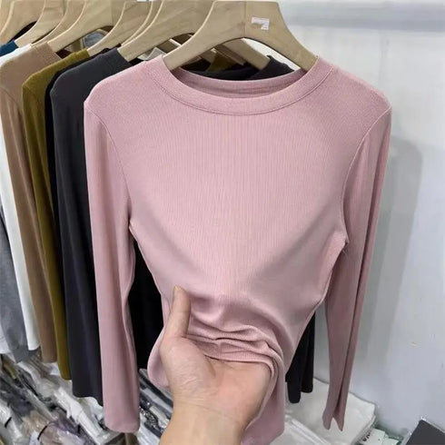 Slim Fit O-Neck Long Sleeve Top for Women