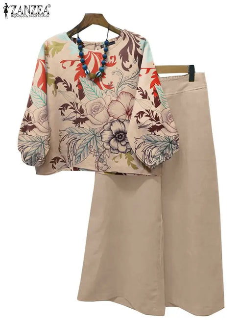 ZANZEA Autumn Floral Printed Blouse and Wide Leg Trousers Set