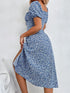 Women's Boho Ditsy Floral Print Ruched Split Thigh Midi Dress with Puff Sleeves and Square Neck for Summer and Vacation