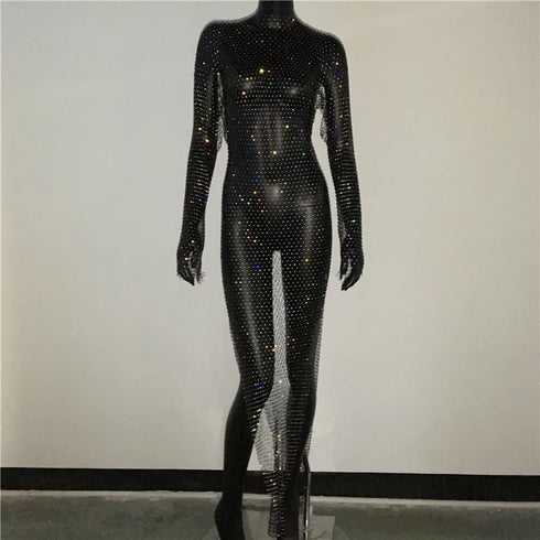 Shiny Rhinestones Grid Fishnet Dress