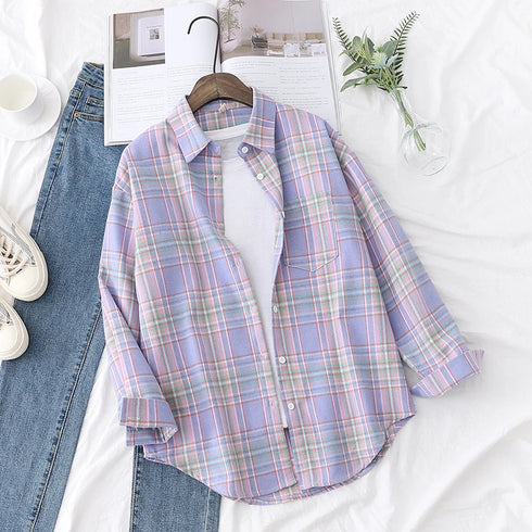 Elegant Women's Plaid Shirt 2025 New Ladies Large Size Casual Loose Lapel Long Sleeve Blouse&Tops Female Lapel Checked Clothing