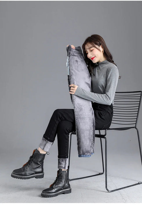 High-Waisted Fleece-Lined Slim Jeans for Women