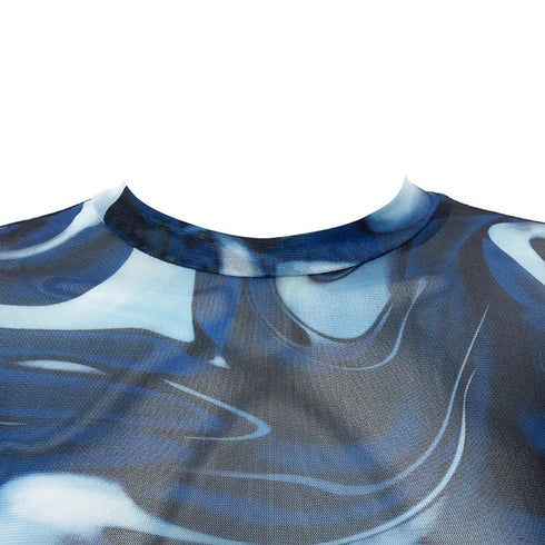 Sheer Print Mesh Crop Top with Long Sleeves