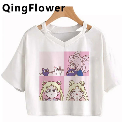 Kawaii Anime Cartoon Tee for Women - V-Neck Short Sleeve Top