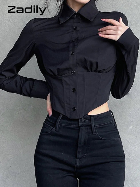 Zadily Long Sleeve Button-Up Crop Top in Black