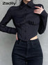 Zadily Long Sleeve Button-Up Crop Top in Black