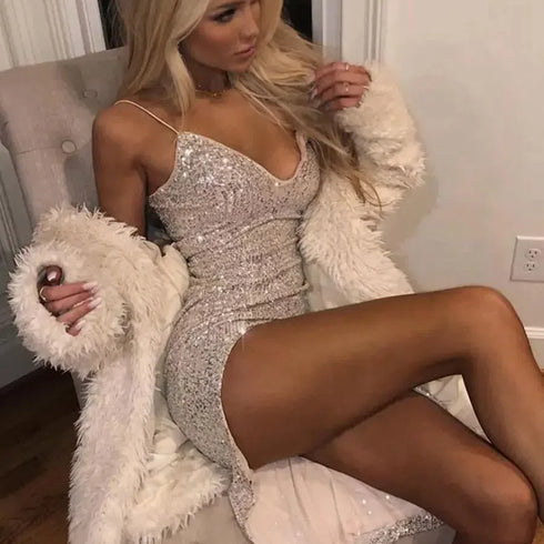 Silver Sequined Deep V-neck Bodycon Dress