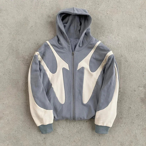 Geometric Pattern Zip-Up Hoodie in Grey