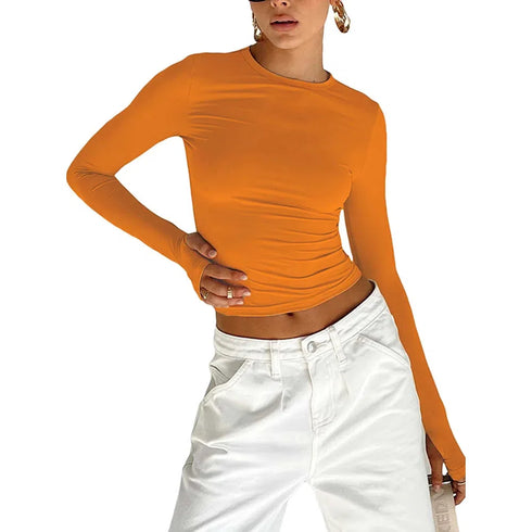 Chic Long Sleeve Women’s Crop Top with Thumb Holes - Slim Fit Casual Tee for Effortless Summer Style