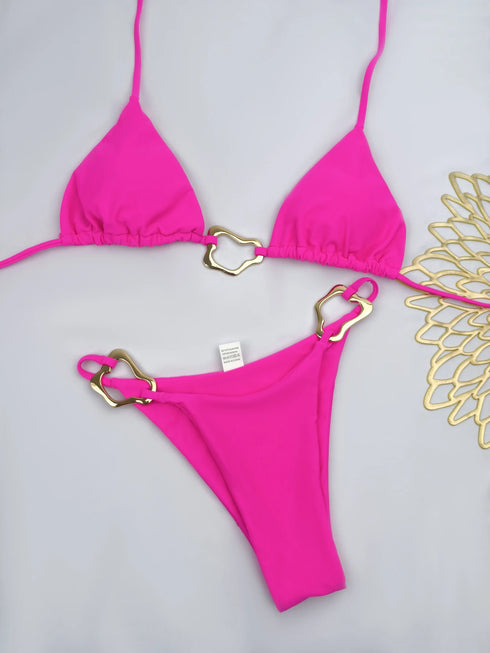Solid Colour Lace-Up Two-Piece Bikini Set