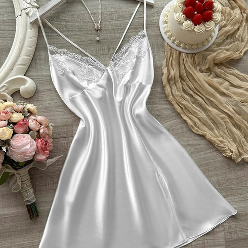Women's Satin V-Neck Nightdress with Lace Slit