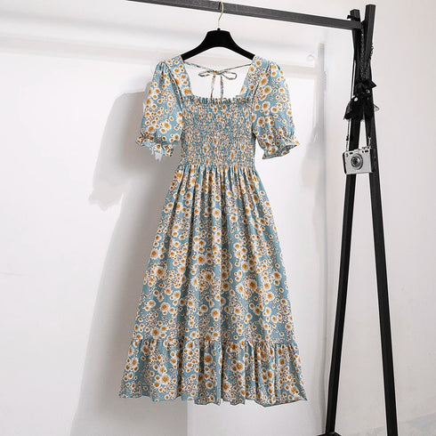 Floral A-Line Chiffon Dress with Short Sleeves