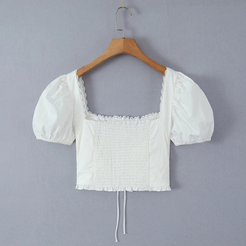 2023 Sexy Corset White Ruched Chest Square Collar Short Puff Sleeve Shirt Women Cross Lacing up Bandage Waist Bodycon Crop Tops
