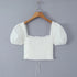 2023 Sexy Corset White Ruched Chest Square Collar Short Puff Sleeve Shirt Women Cross Lacing up Bandage Waist Bodycon Crop Tops