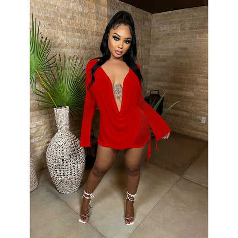 Deep V-Neck Backless Top & Drawstring Mini Skirt Set