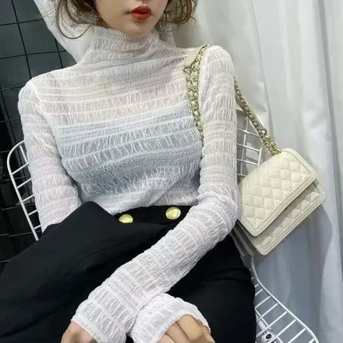 Lace Detail Turtleneck Long Sleeve Blouse