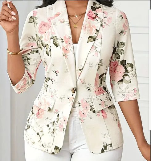 Floral Printed Autumn Blazer with Three Quarter Sleeves