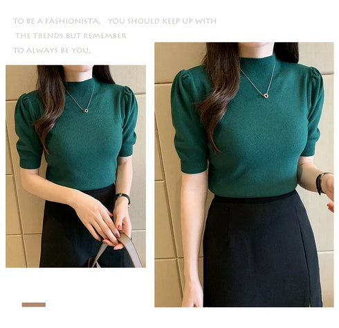 Women's Puff Sleeve Knitted Blouse with Half Turtleneck