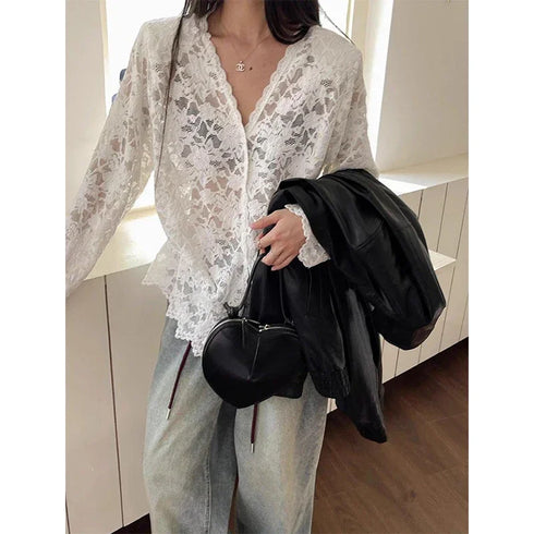 Vintage Summer Lace Blouses Women See Through Sheer Long Sleeve Sun Shirts Korean Style Casual Sun Protection Sexy Ladies Tops