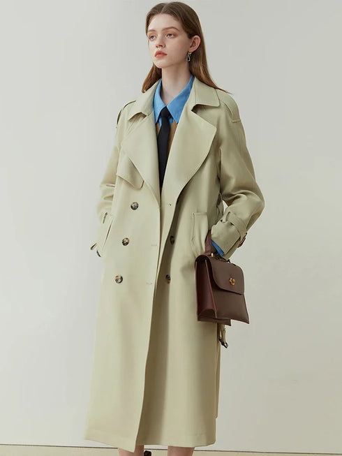 Classic Double-Breasted Mid-Length Trench Coat for Women
