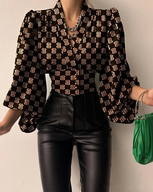 Elegant Lantern Sleeve V-Neck Blouse