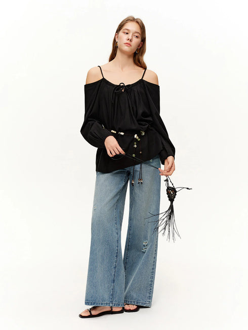 DUSHU Ripped Wide-Leg Denim Jeans