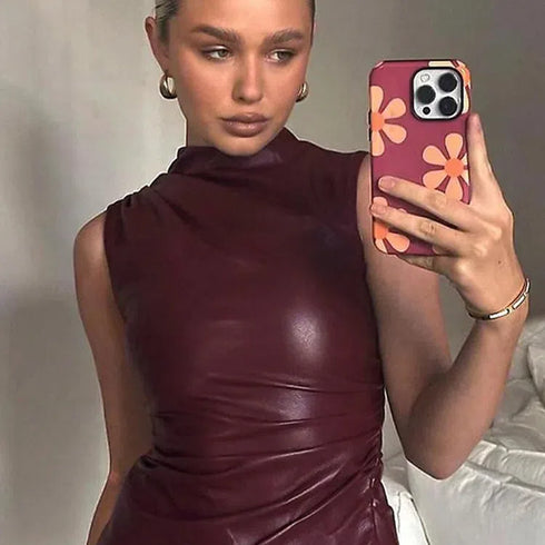 Women Y2K Vintage PU High Waist Sleeveless Tank Top