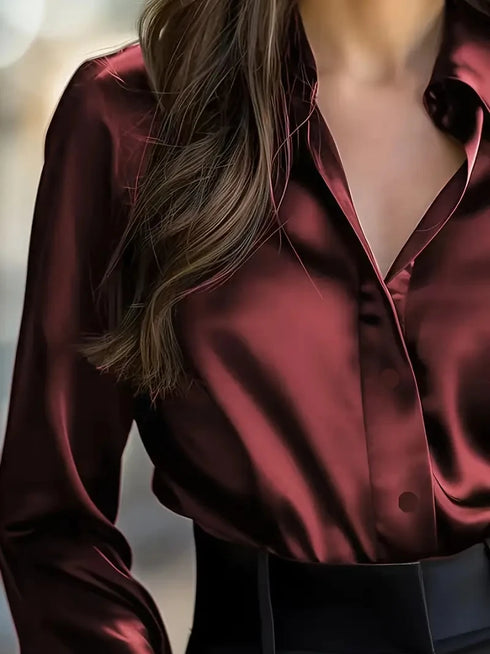 Elegant Satin Long Sleeve Blouse for Women Button-Up Collar Shirt Perfect for Casual or Professional Wear