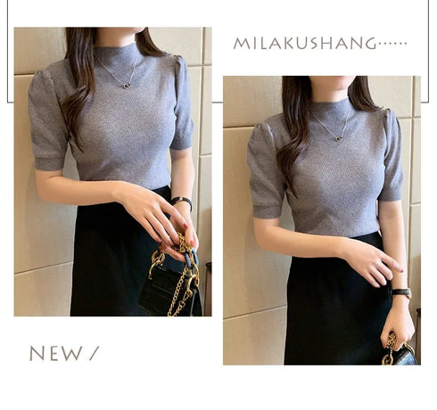 Women's Puff Sleeve Knitted Blouse with Half Turtleneck