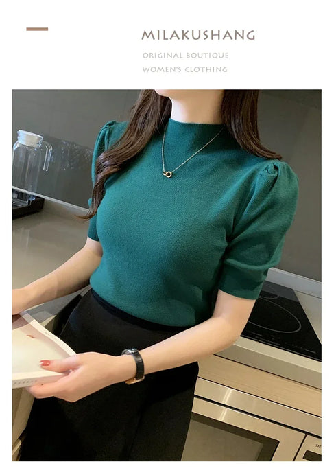 Women's Puff Sleeve Knitted Blouse with Half Turtleneck