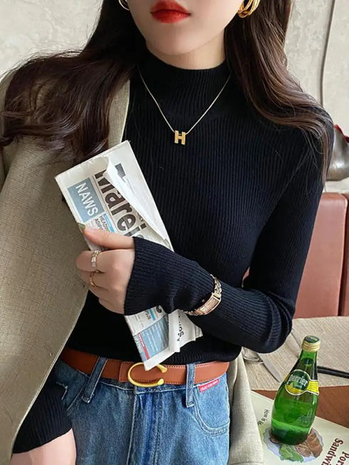Chic Mock Neck Knitted Pullover Sweater