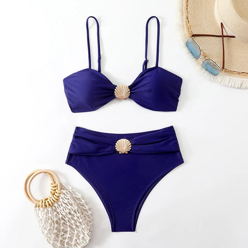 High Waist Bandeau Bikini Set in Purple