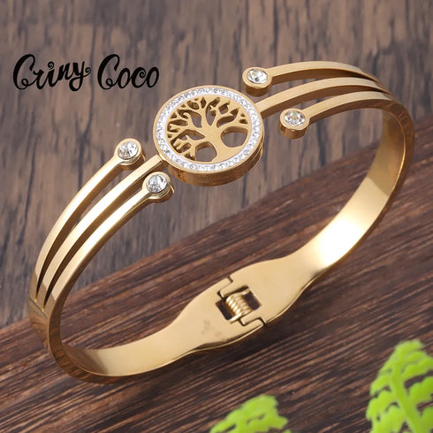 Women's Luxury Designer Bangle Stainless Steel Tree of Life Cuff Bracelet for Women