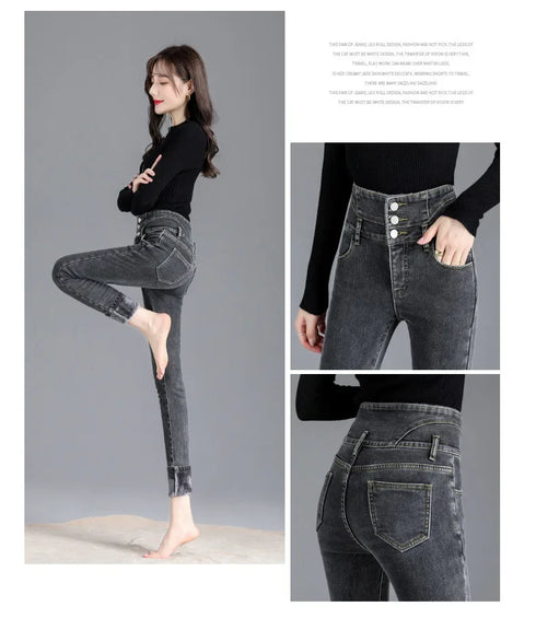 Women's Fleece-Lined High-Waisted Slim Fit Jeans