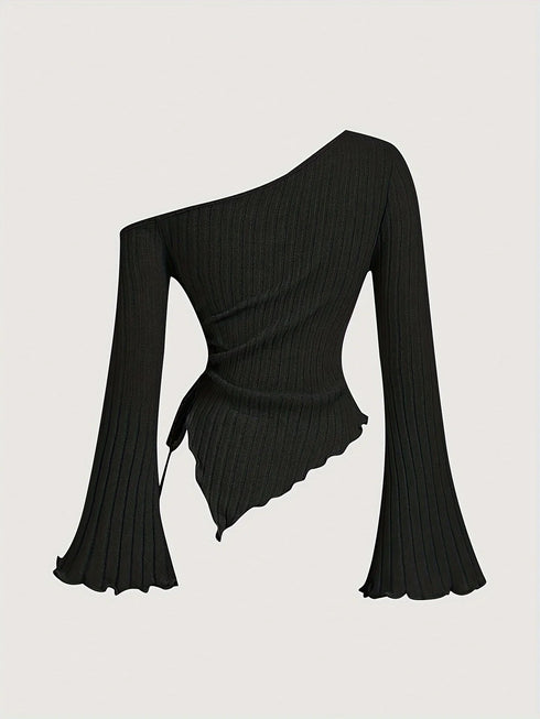 Women's V-neck plain-color drawstring casual comfortable large-size T-shirt