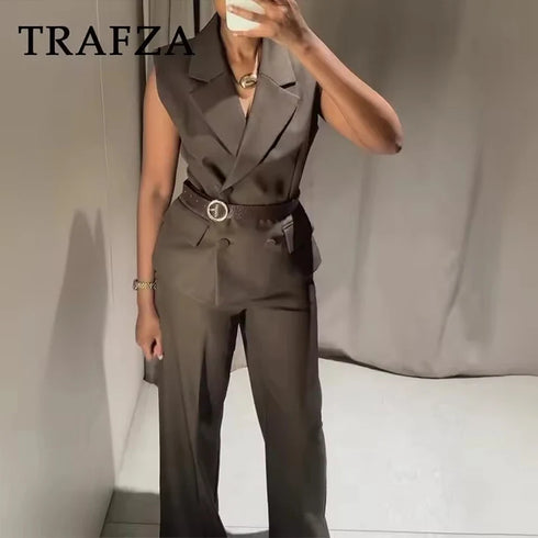 Elegant V-Neck Two-Piece Set with Wide-Leg Pants