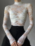 Sexy Lace Blouse Shirts Summer Women Turtleneck Long Sleeve See Through Lace Patchwork Thin Tops