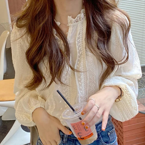 Elegant Apricot Long Sleeved Blouse with Lace Detail