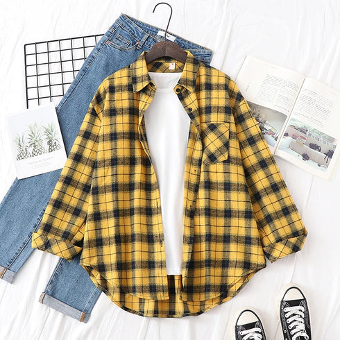 Elegant Women's Plaid Shirt 2025 New Ladies Large Size Casual Loose Lapel Long Sleeve Blouse&Tops Female Lapel Checked Clothing